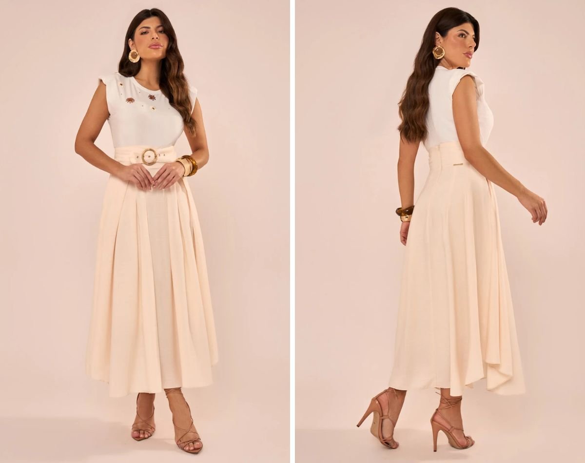 modelo com saia evase e blusa banca