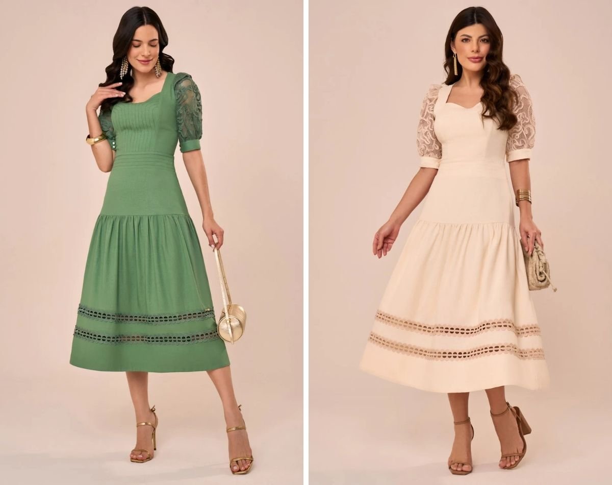 modelos usando vestidos midi azul e bege