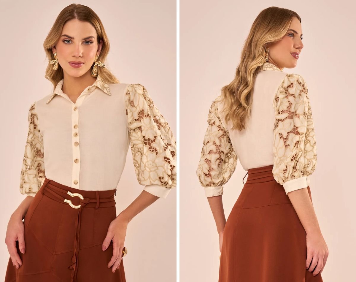 modelo usando look com blusa bege