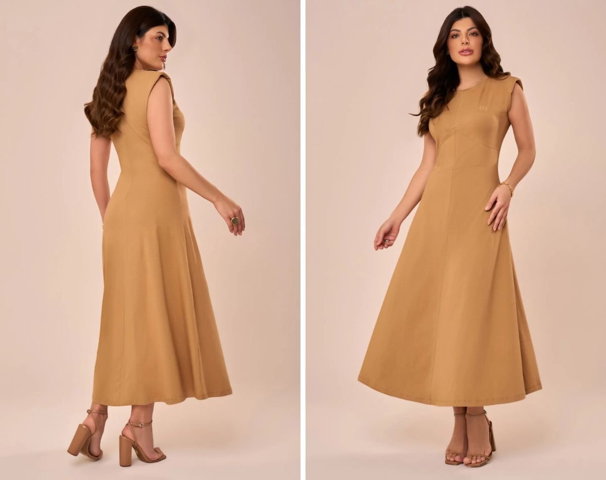 mulher usando vestido bege