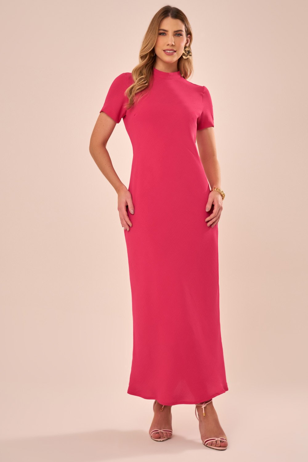 Vestido Midi Linha A com Gola Alta Pink - Fascinius