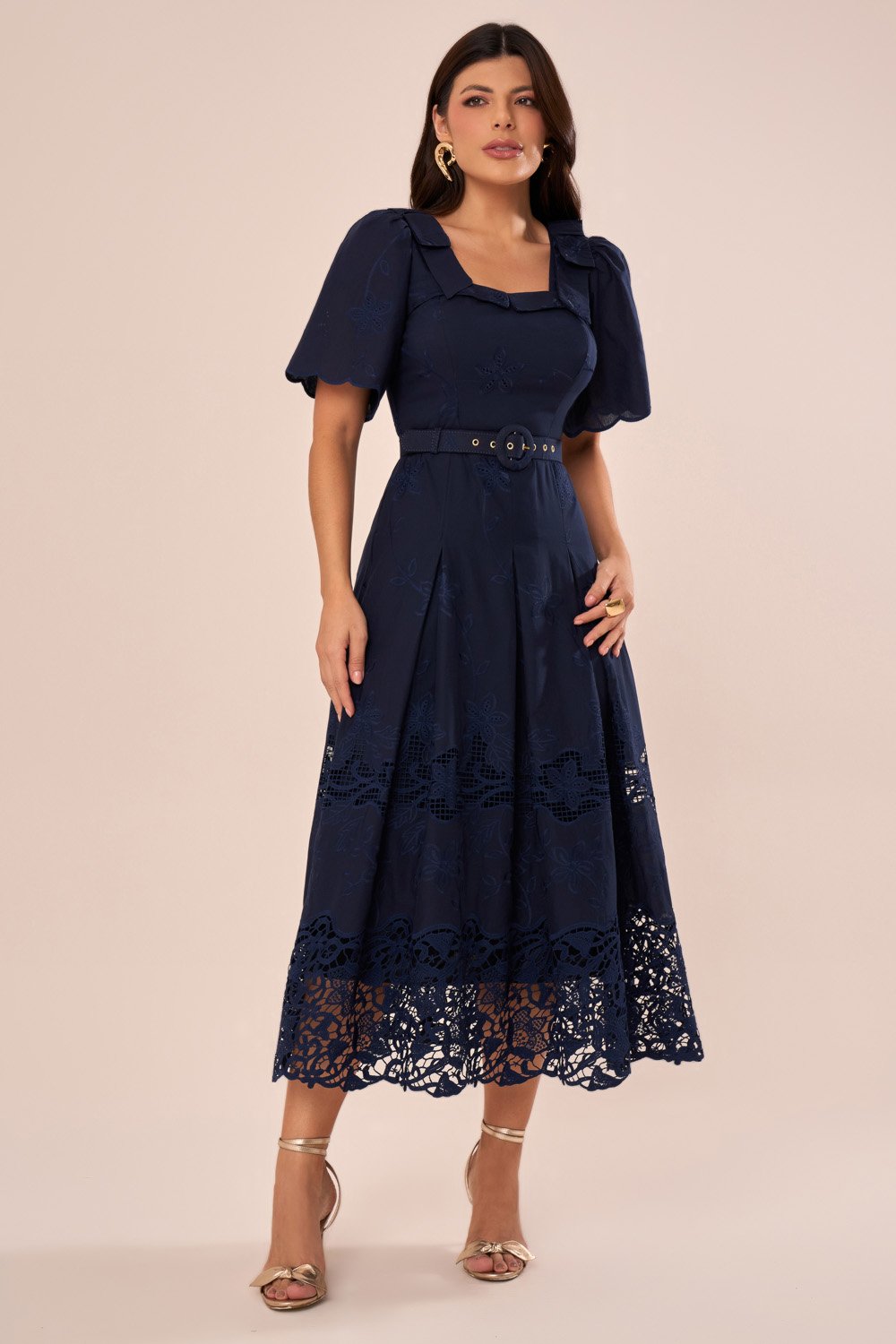 Vestido Midi com Pregas, Mangas Princesa e Laços nos Ombros Azul